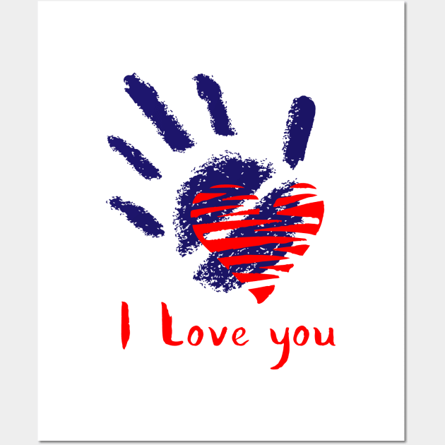 Handprint and Symbol of Red Heart. I Love You Calligraphy Wall Art by ArchiTania